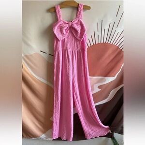 Zara Barbie pink girls Textured Jumpsuit with Bow size 12